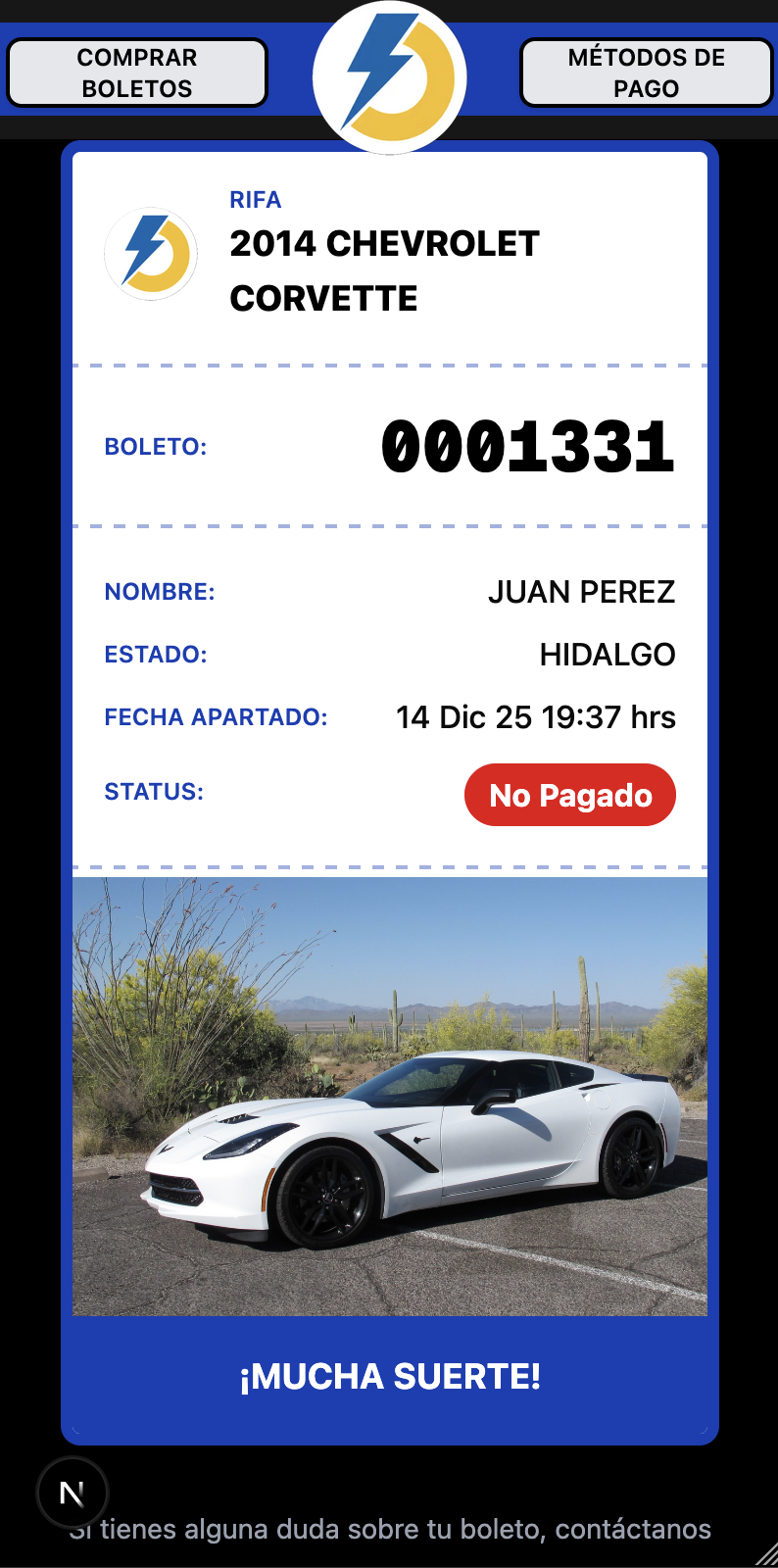 Página de rifa en móvil